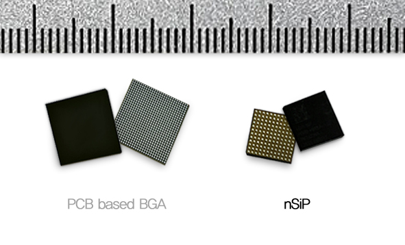 네패스의 재배선 기술을 적용한 nSiP는 기존 SiP 대비 크기를 30%이상 줄일 수 있다. PCB기반 SiP제품과 네패스 nSiP 제품 비교 사진.JPG